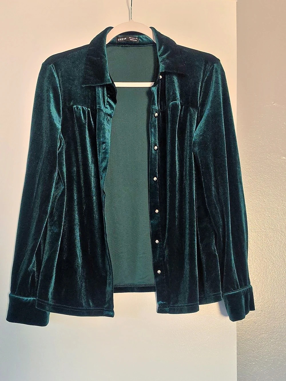 SHEIN Deep Green Velvet Pearl-Button Shirt Velvet Button Front Shirt in Green